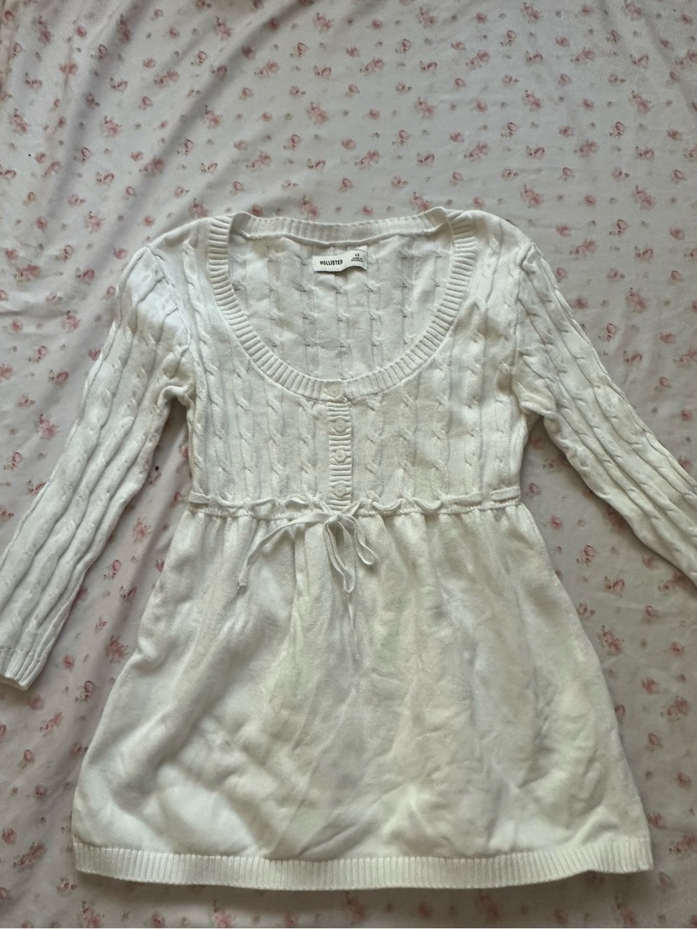 Hollister White Cable-Knit Button-Front Tie-Waist Babydoll Top